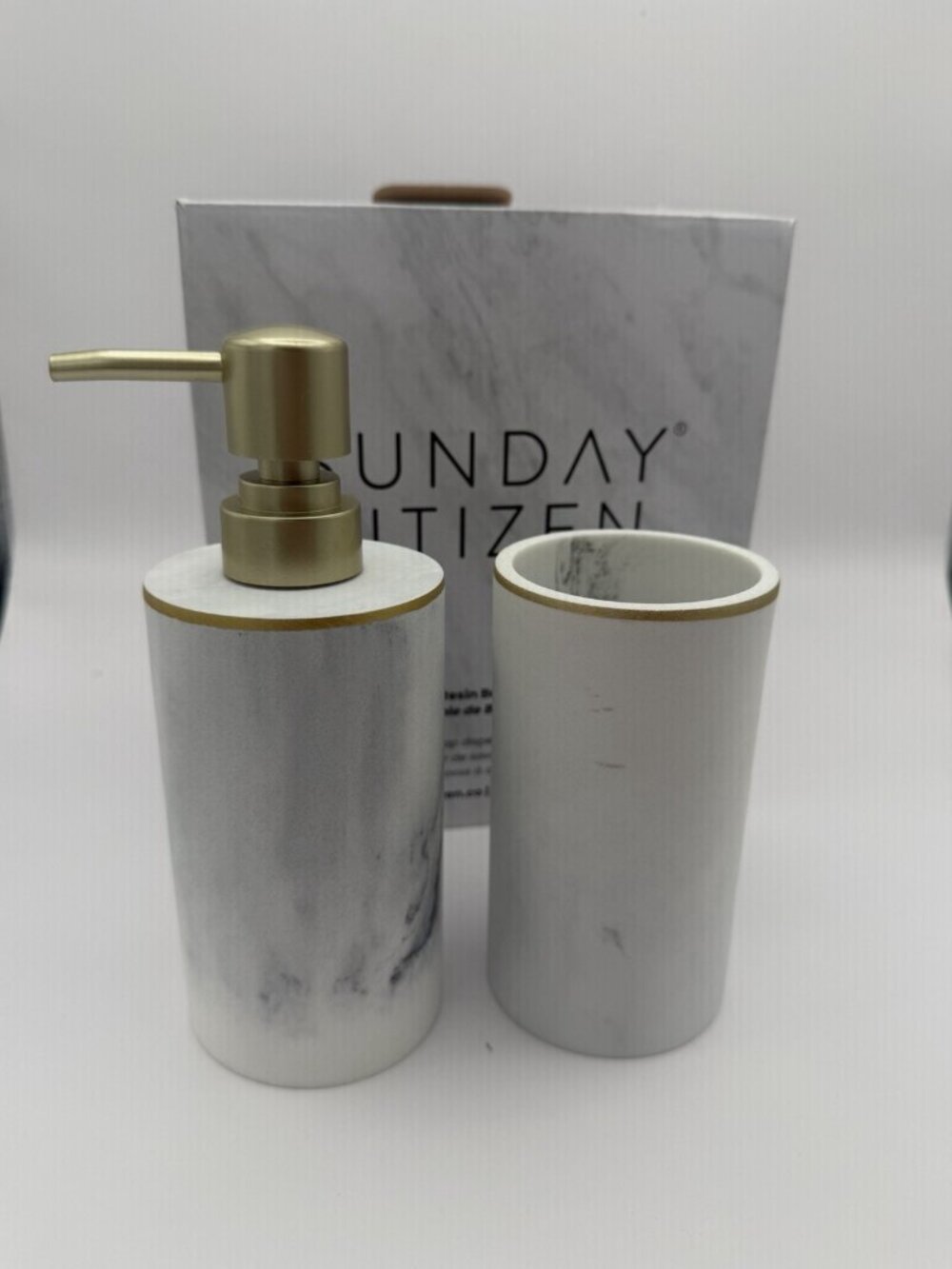 Sunday Citizen Bath Set Resin Faux Marble Soap Dispenser Toothbrush Cup NEW
